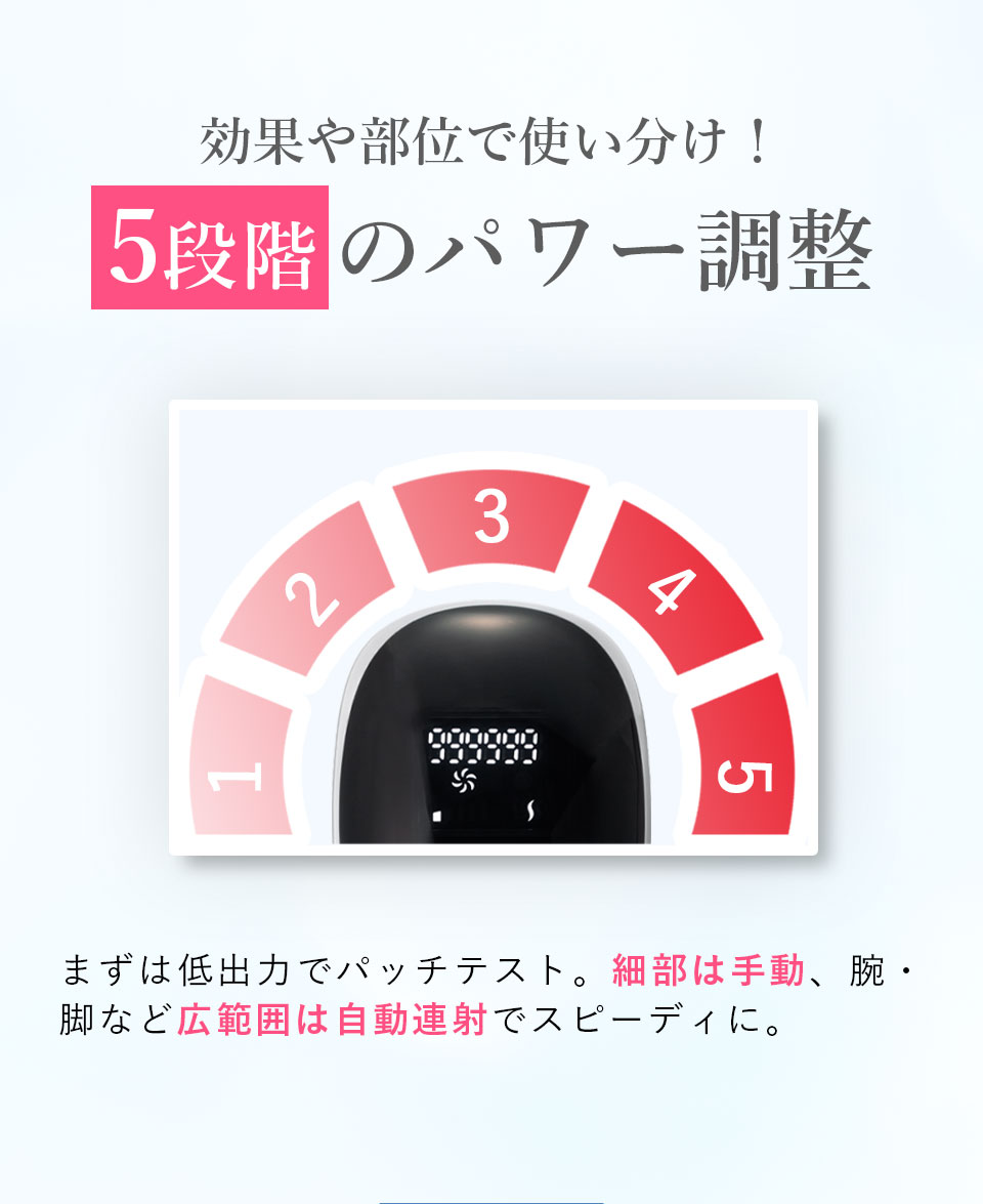 効果や部位で使い分け！ 5段階のパワー調整まずは低出力でパッチテスト。細部は手動、腕・脚など広範囲は自動連射でスピーディに。